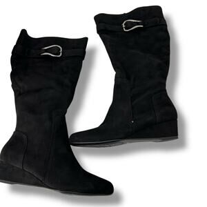 Impo Black Wedge Knee High Boots Size 7.5 Wide Width Wide Calf Tall Memory Foam